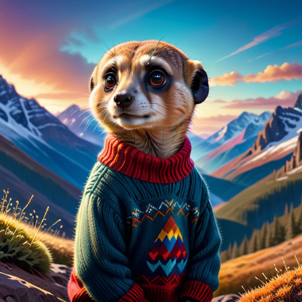 Dessin d'un meerkat dans un pull dans les montagnes