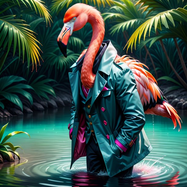 Drawing of a flamingo in a coat in the water