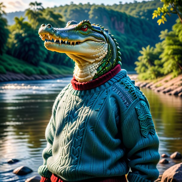 Photo of a crocodile in a sweater in the river