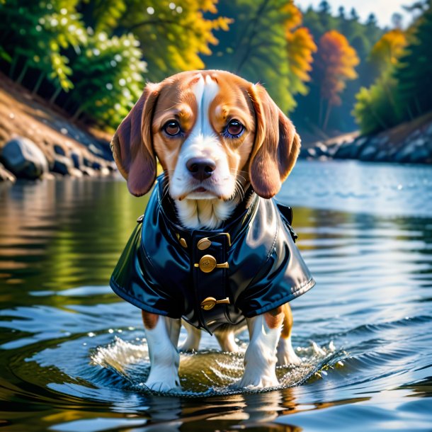 Pic of a beagle in a coat in the water