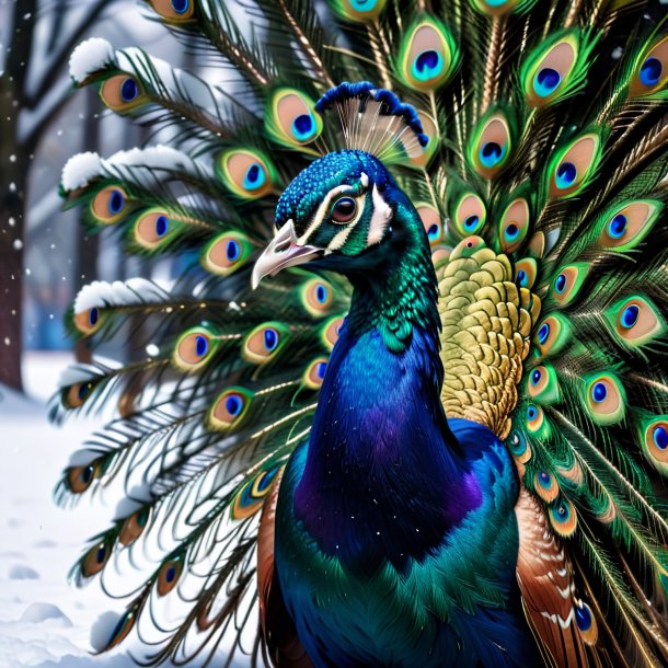 Pic of a peacock in a belt in the snow