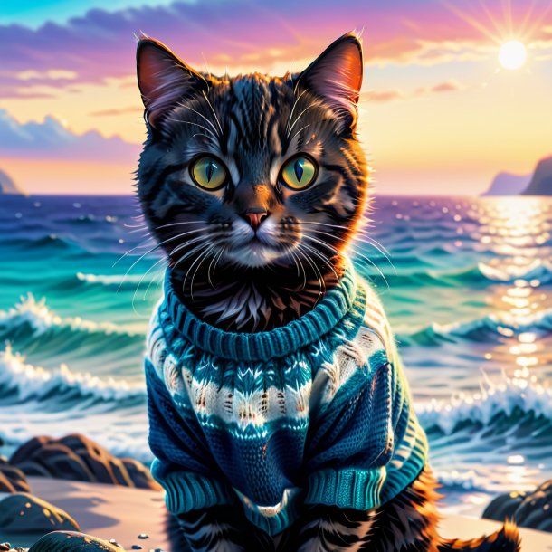 Ilustración de un gato en un suéter en el mar