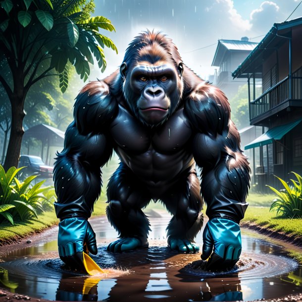 Image of a gorilla in a gloves in the puddle