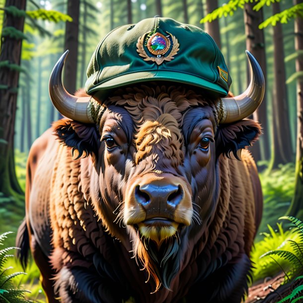 Picture of a bison in a cap in the forest