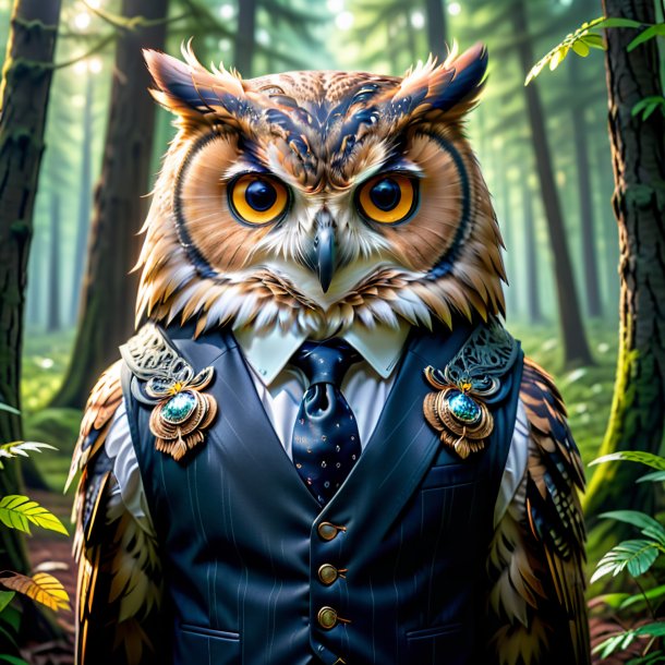 Pic of a owl in a vest in the forest