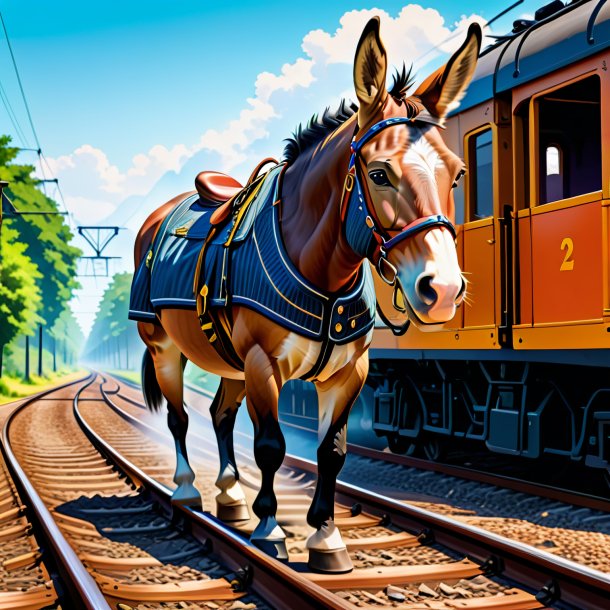 Illustration of a mule in a vest on the railway tracks
