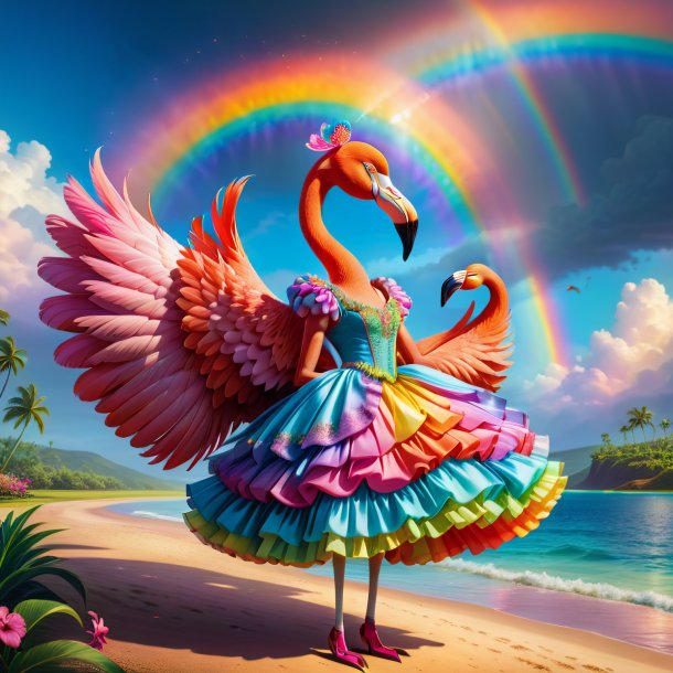 Illustration of a flamingo in a dress on the rainbow