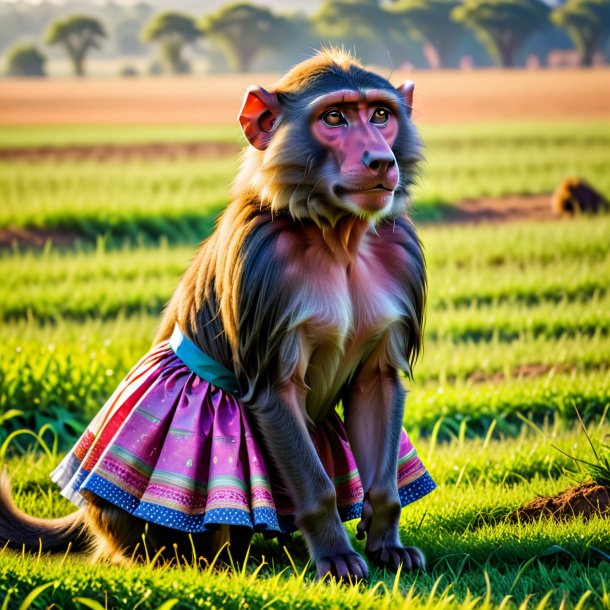 Foto de um babuíno em uma saia no campo