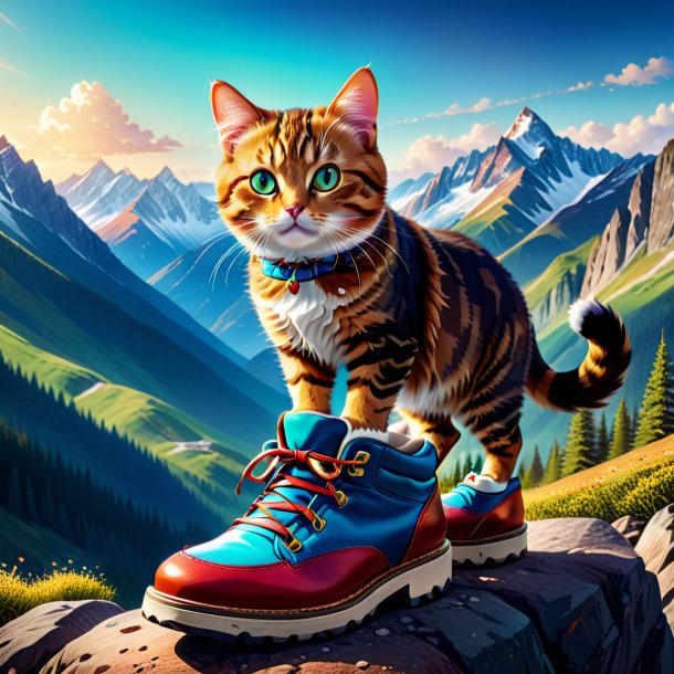 Illustration d'un chat dans une chaussure dans les montagnes