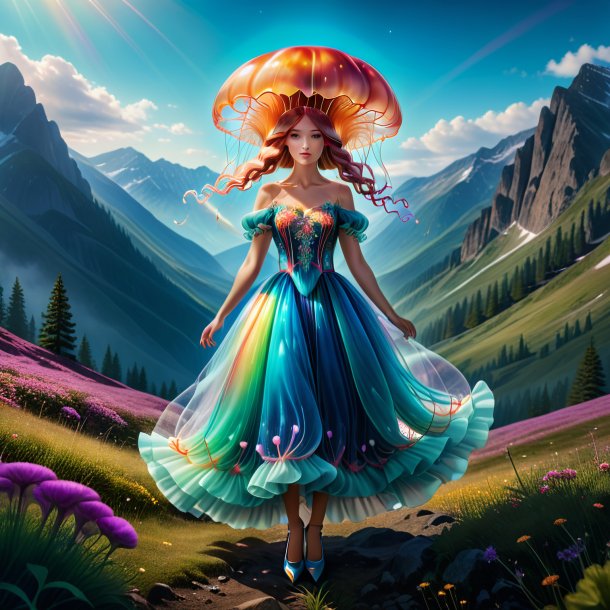 Image of a jellyfish in a dress in the mountains