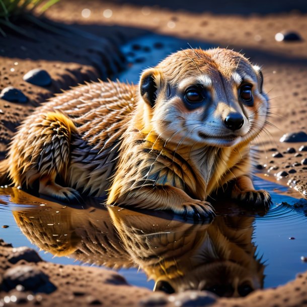 Image of a sleeping of a meerkat in the puddle