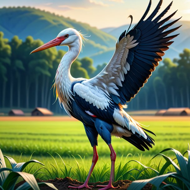 Drawing of a stork in a jeans on the field