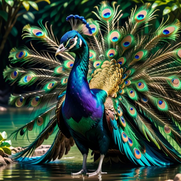 Picture of a peacock in a coat in the water