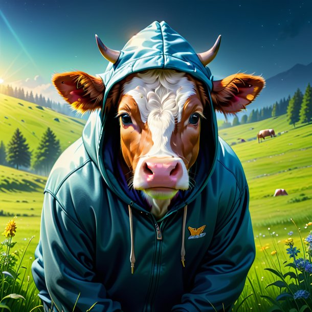 Illustration of a cow in a hoodie in the meadow