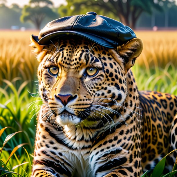 Image of a leopard in a cap on the field