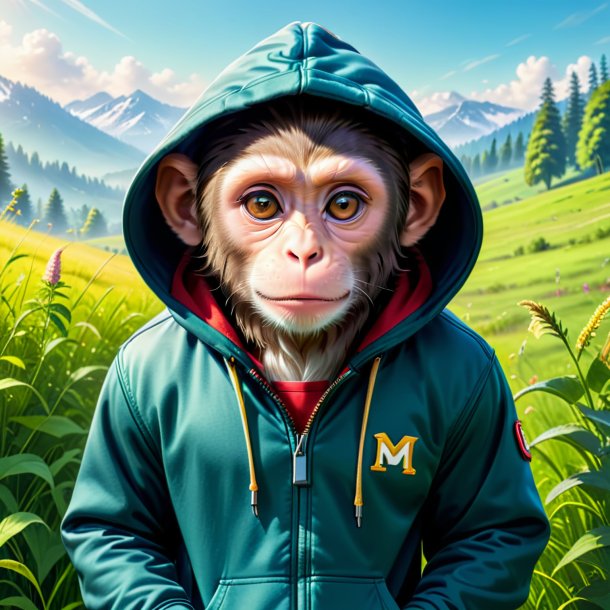 Picture of a monkey in a hoodie in the meadow