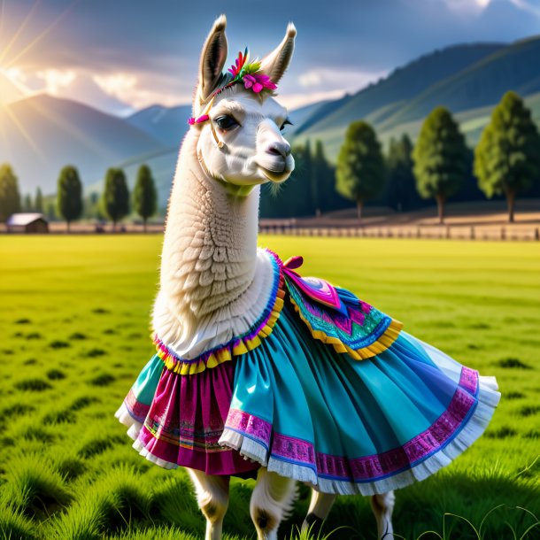 Picture of a llama in a skirt on the field