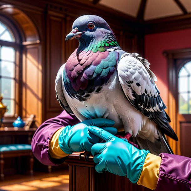 Picture of a pigeon in a gloves in the house