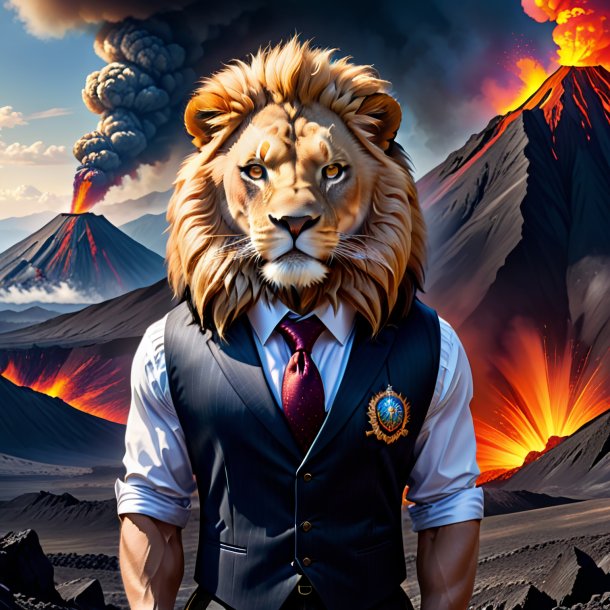 Drawing of a lion in a vest in the volcano