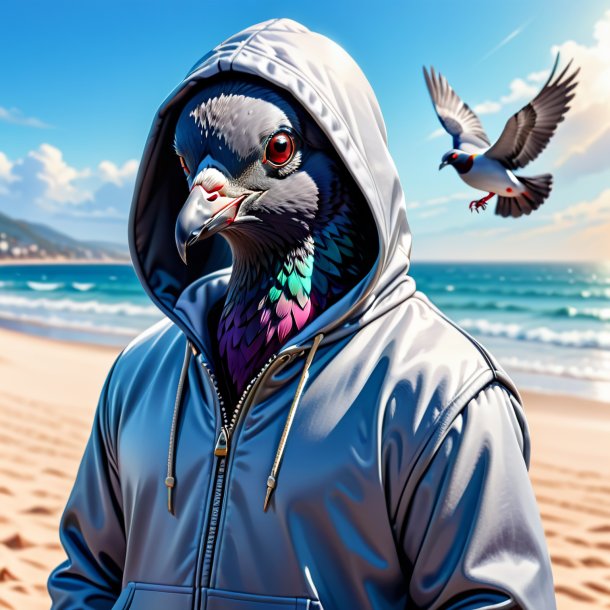 Ilustração de um pombo em um hoodie na praia