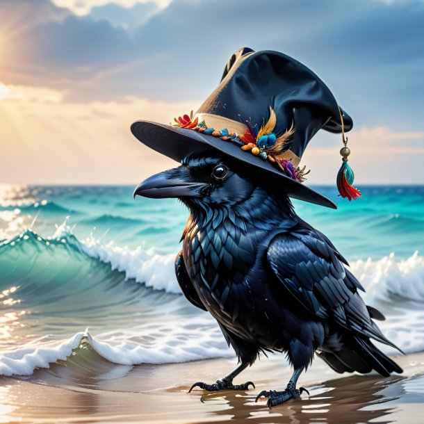 Image of a crow in a hat in the sea