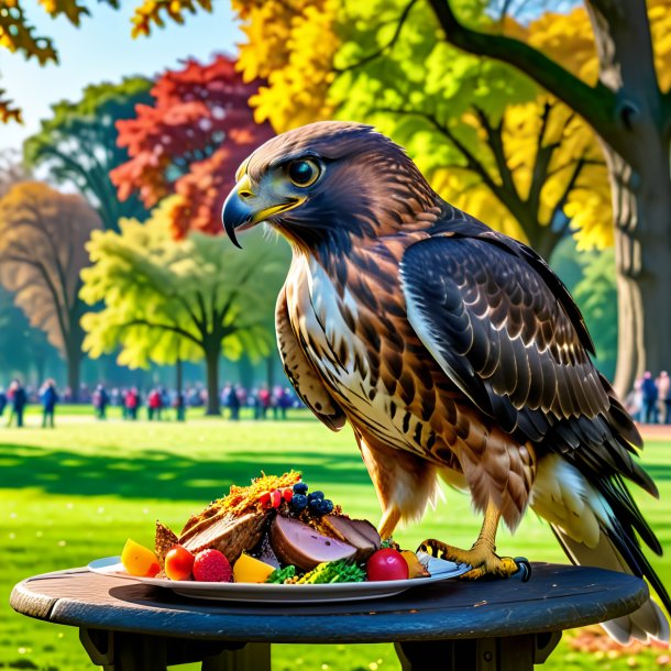 Imagem de um comer de um falcão no parque