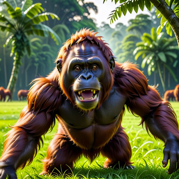 Picture of a playing of a orangutan on the field