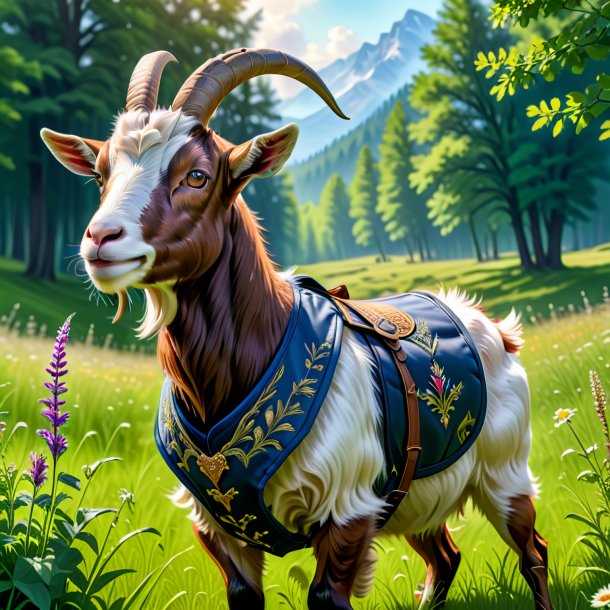 Drawing of a goat in a vest in the meadow