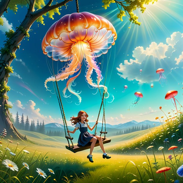 Pic of a swinging on a swing of a jellyfish in the meadow