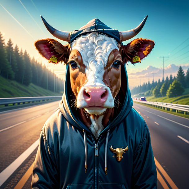 Illustration of a cow in a hoodie on the highway