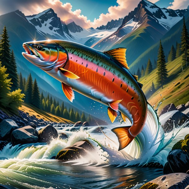 Image of a jumping of a salmon in the mountains