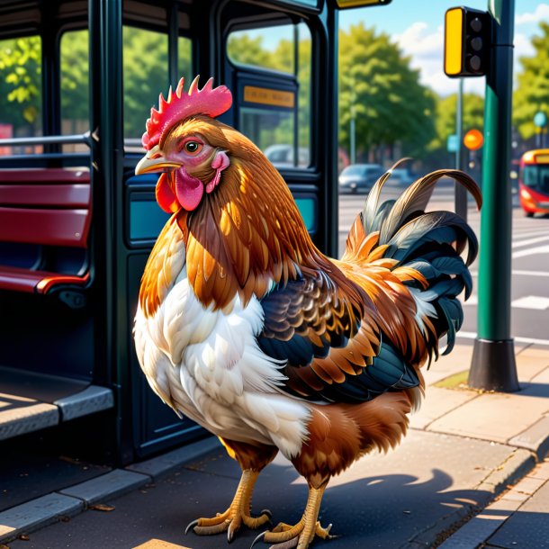 Drawing of a hen in a belt on the bus stop