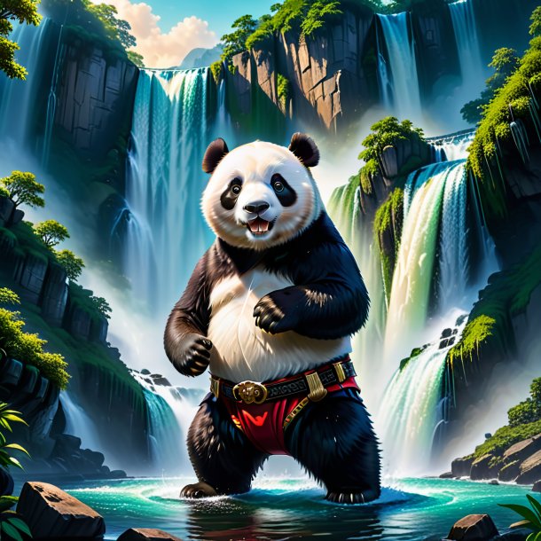 Illustration of a giant panda in a belt in the waterfall