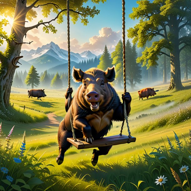 Image of a swinging on a swing of a boar in the meadow