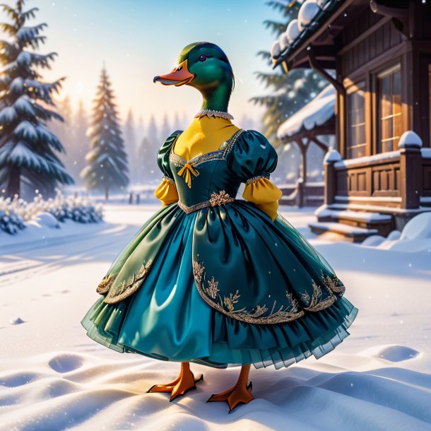 Photo of a duck in a dress in the snow