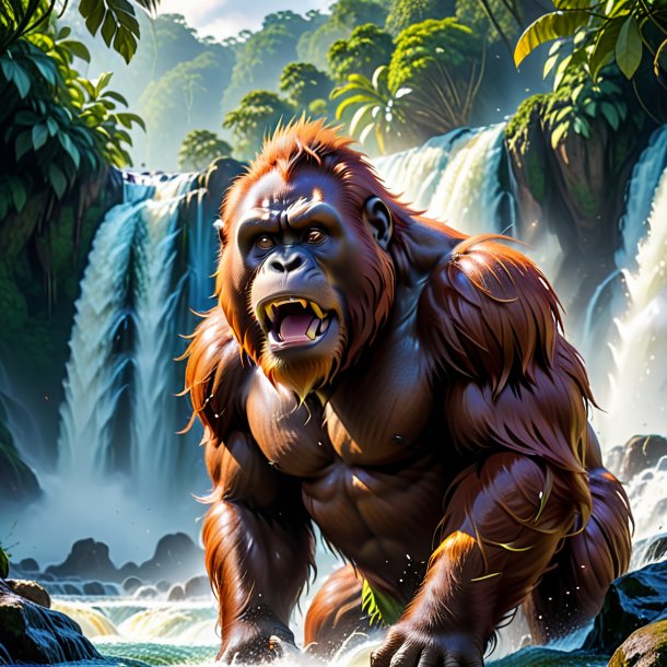 Picture of a angry of a orangutan in the waterfall