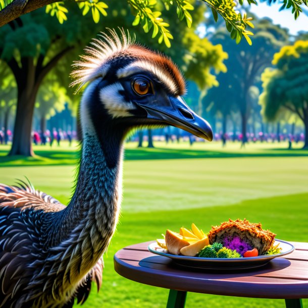 Imagem de um comer de uma emu no parque