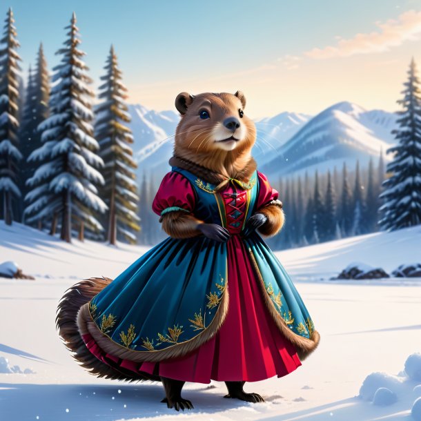 Drawing of a beaver in a dress in the snow