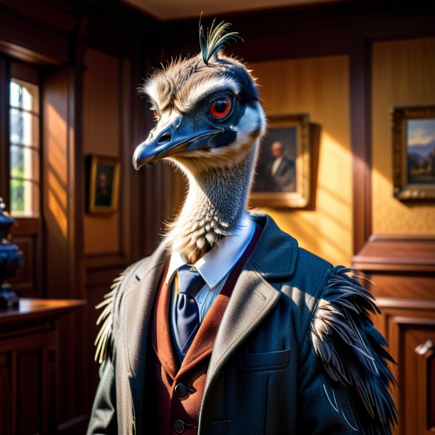 Image of a emu in a coat in the house