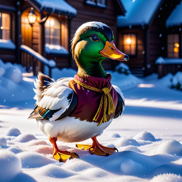 Foto de um pato em uma luvas na neve