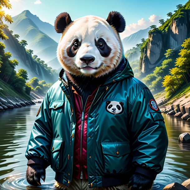 Illustration of a giant panda in a jacket in the river