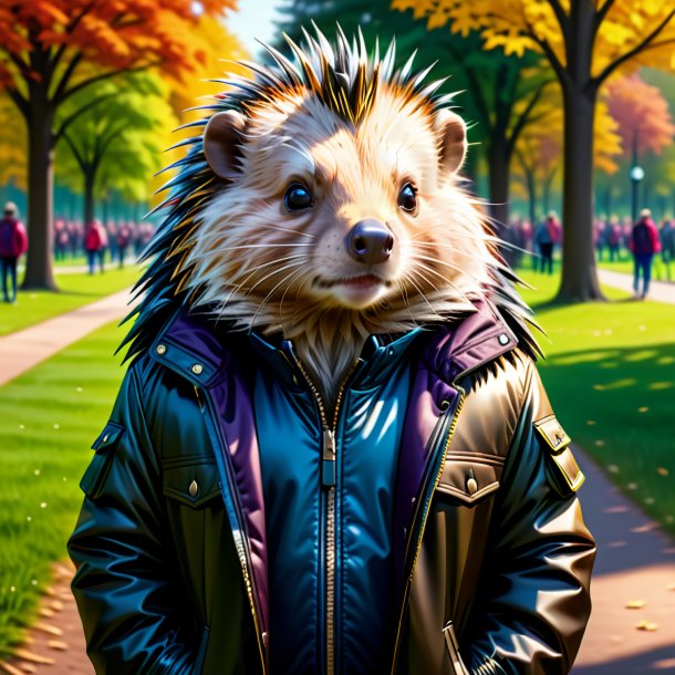 Illustration of a porcupine in a jacket in the park