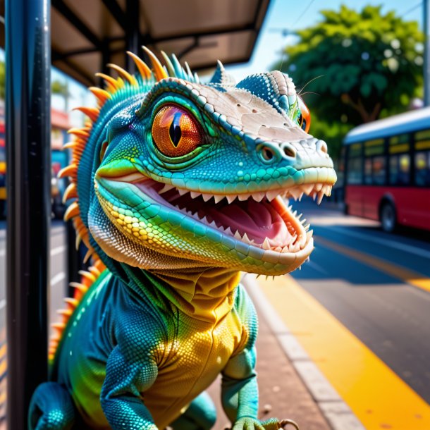 Image of a smiling of a lizard on the bus stop