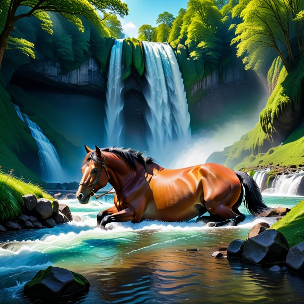 Image d'un sommeil d'un cheval dans la cascade