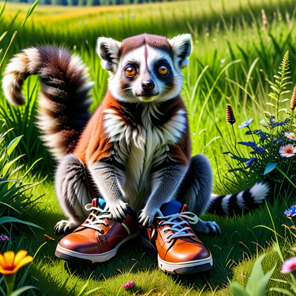 Photo of a lemur in a shoes in the meadow