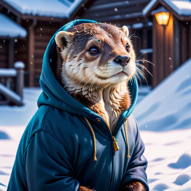 Foto de una nutria en una sudadera con capucha en la nieve