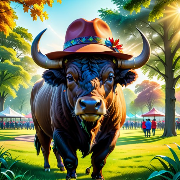 Drawing of a buffalo in a hat in the park