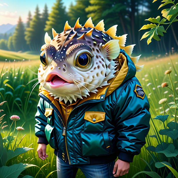 Illustration of a pufferfish in a jacket in the meadow