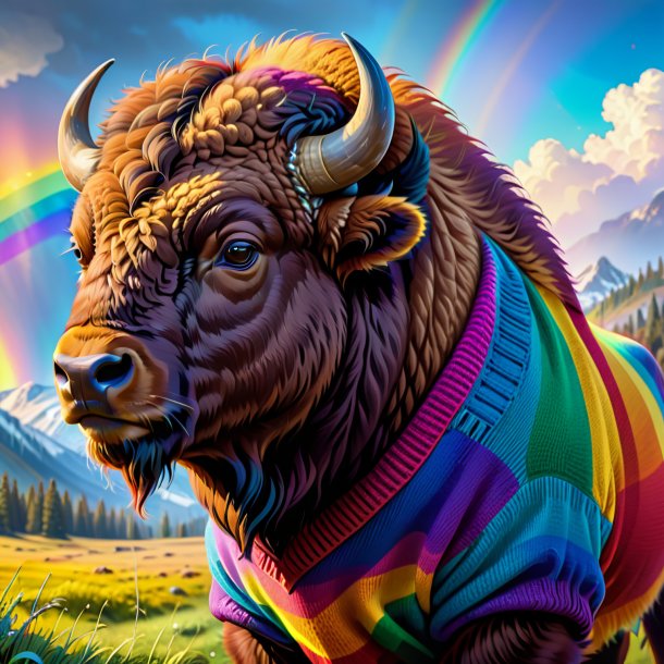 Drawing of a bison in a sweater on the rainbow