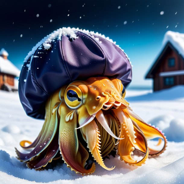 Photo of a cuttlefish in a cap in the snow